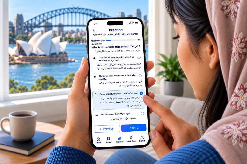 Woman practising the Australian citizenship test on a phone, with Sydney Harbour in the background.